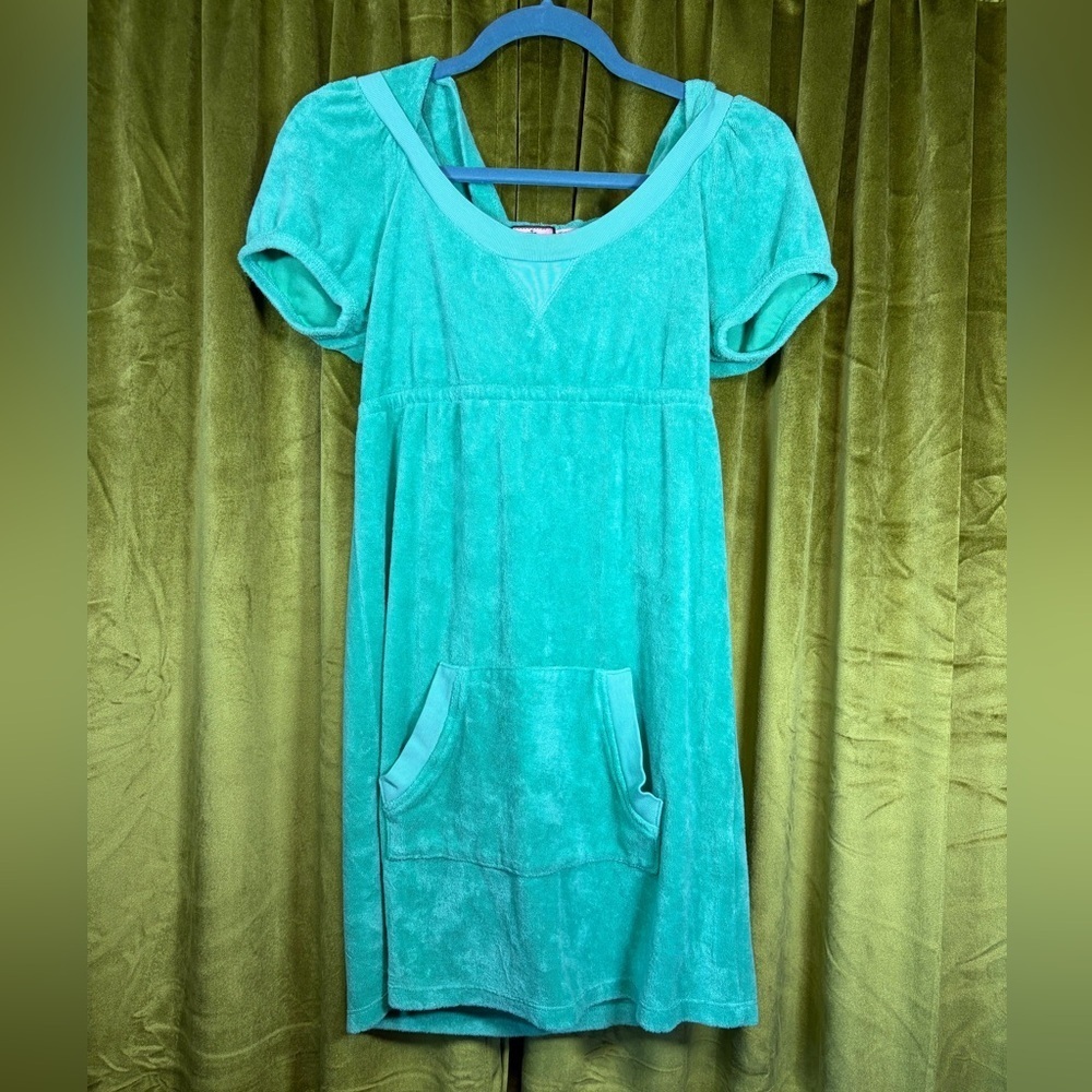 Vintage Y2K Juicy Couture green terry cloth hooded mini dress. Size XS.